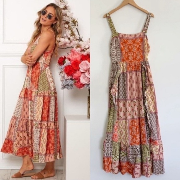 ABEL THE LABEL Anthropologie Marakech Gypsiana Patchwork Smocked Maxi Dress, M - Picture 2 of 9